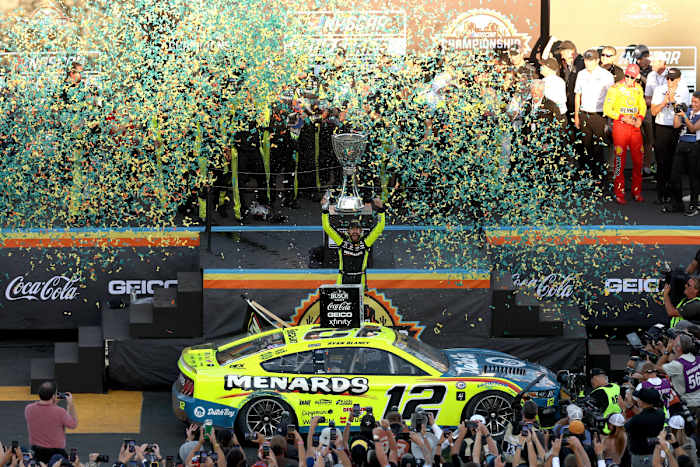 Ryan Blaney celebrates his first NASCAR Cup championship at Phoenix Raceway. Can he make it two in a row in 2024? (Photo by Christian Petersen/Getty Images)